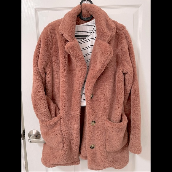Faux Fur Brown Pink Button Front Coat | SHEIN - Picture 1 of 6